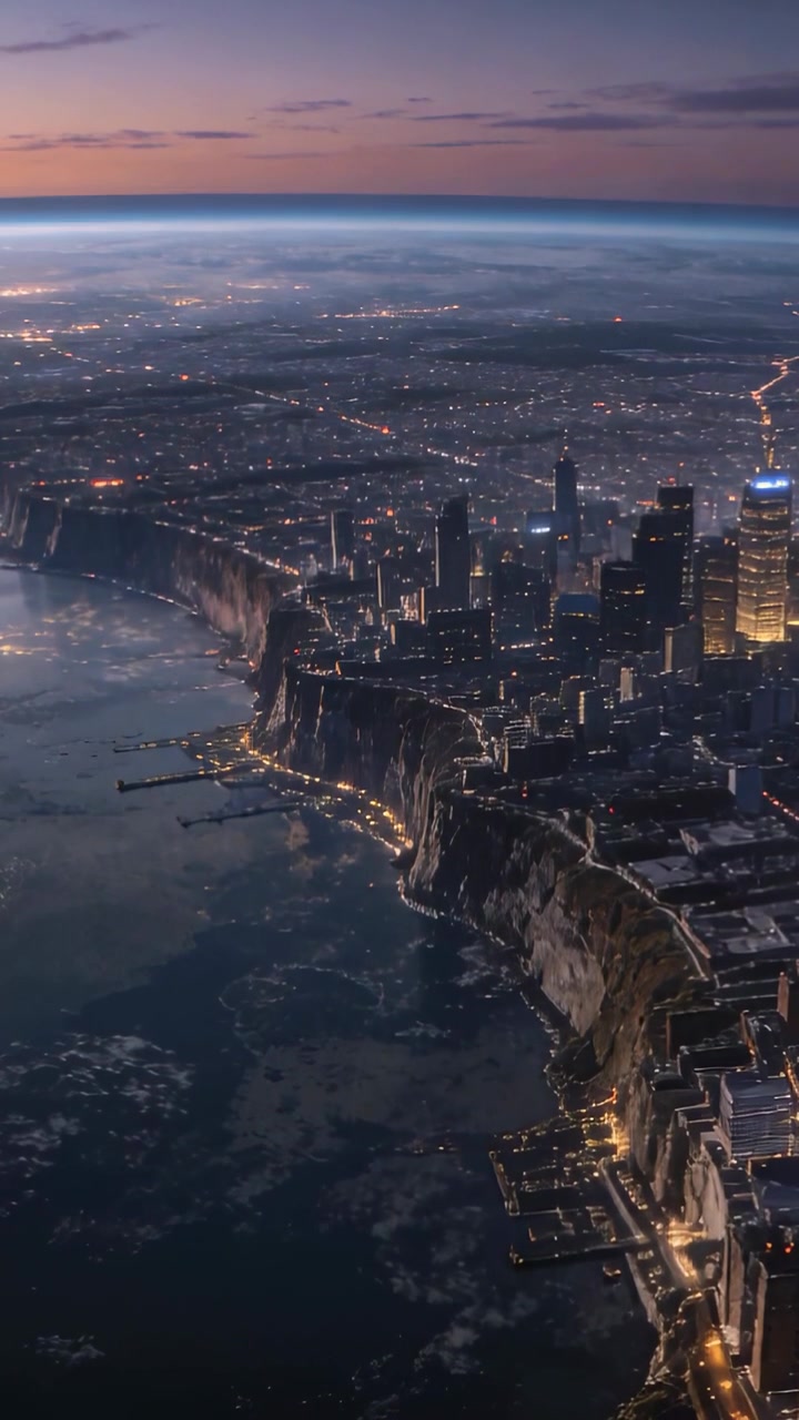 Video verticale: Al tramonto, un drone si allontana per rivelare lo skyline sulla scogliera, l'orizzonte del mare e le luci del molo.