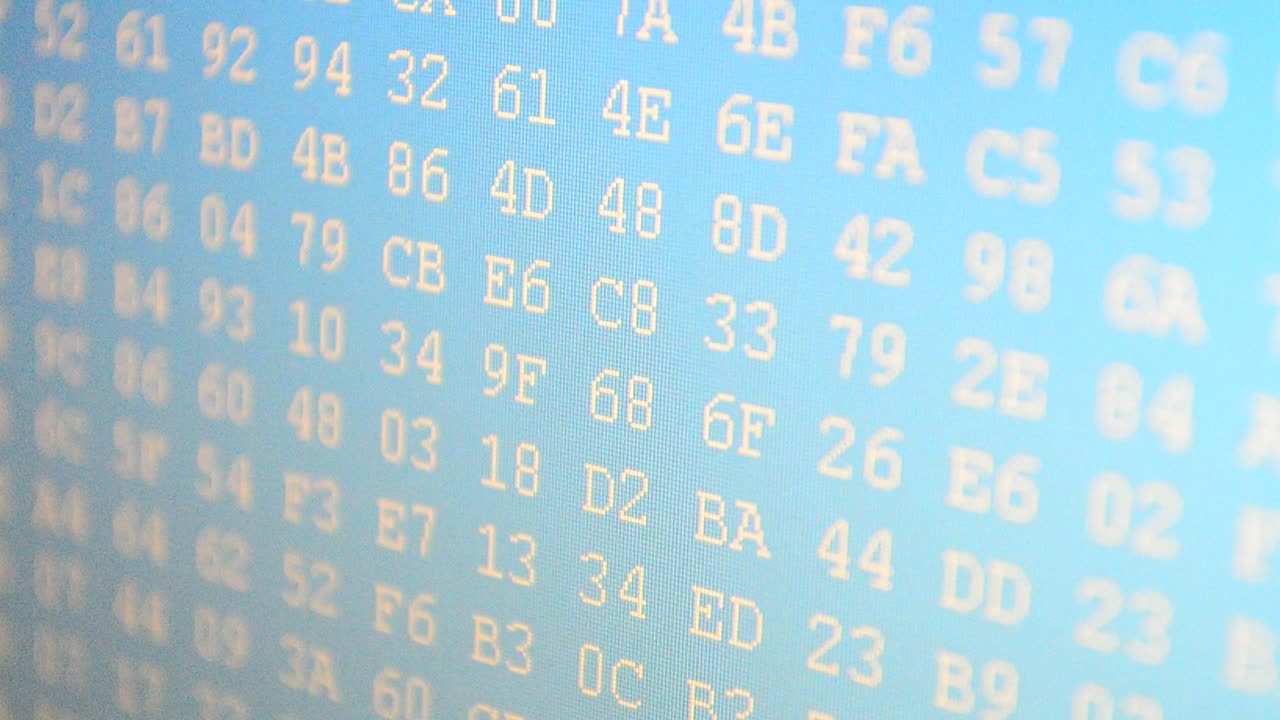 Table of the binary. Hexadecimal program code on screen. Animated background of moving binary code numbers. Information in the form of a code