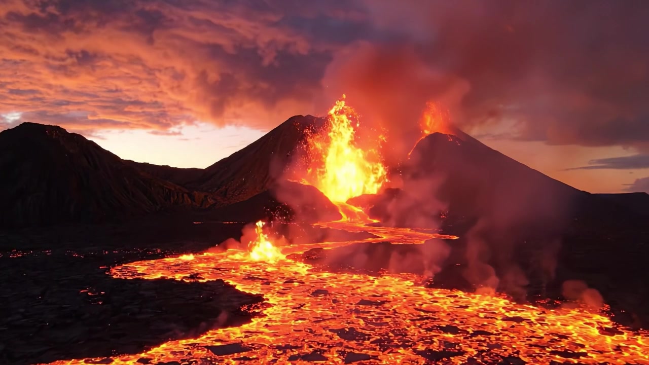 Eruzione Maestosa: L'Impressionante Potere della Natura Catturato nella Lava Infuocata che Scorre Giù dalle Montagne al Tramonto