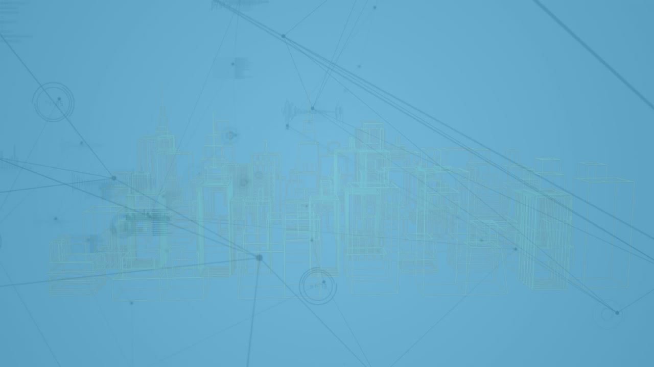 animación de la red de conexiones y procesamiento de datos sobre la ciudad sobre fondo azul