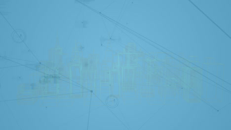 animación de la red de conexiones y procesamiento de datos sobre la ciudad sobre fondo azul