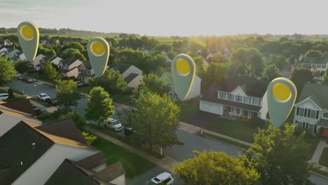 suburbio estadounidense con alfileres flotantes de mapas inmobiliarios por encima de las casas en la luz de la mañana