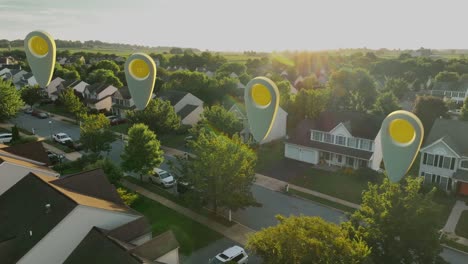 american suburb with floating real estate map pins above houses in morning light