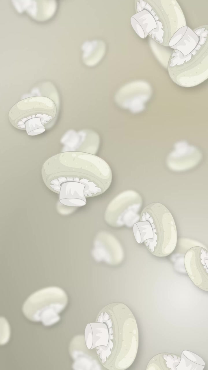 Funghi champignon bianchi stilizzati cadono continuamente su uno sfondo a rete neutro e morbido con orientamento verticale
