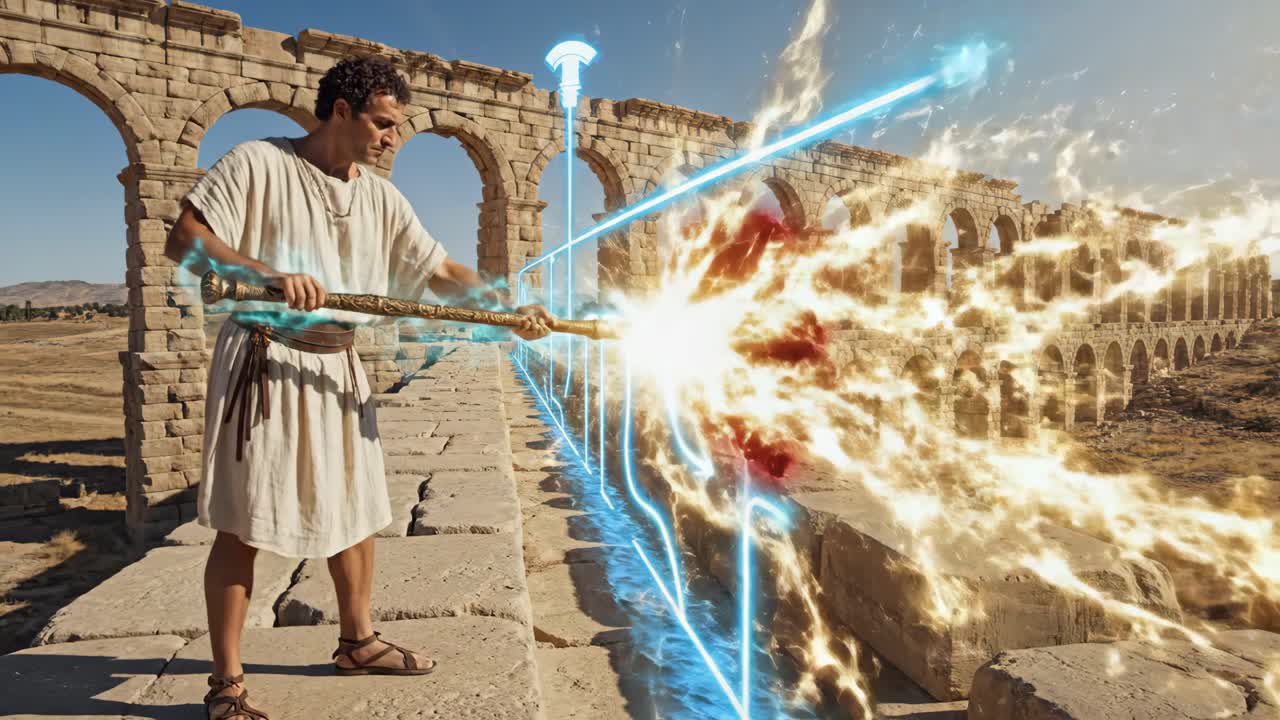 A Roman man wields magic at an ancient aqueduct