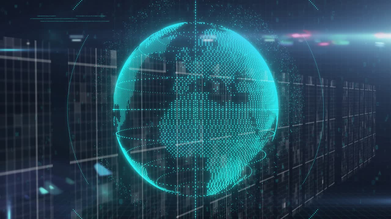 On data pulse, holo globe rotating, rings forming, code streams, camera zooming out showing network