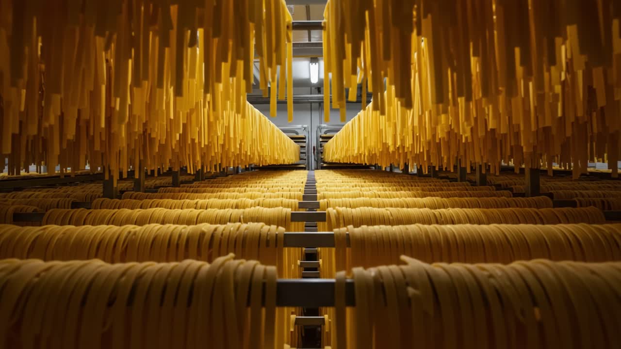 A Vibrant Display of Freshly Made Pasta Hanging in Rows, Showcasing the Art of Traditional Pasta Production and Drying Techniques in a Culinary Setting