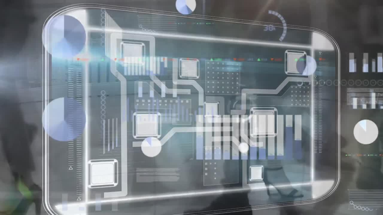 Animation of financial data processing and statistics over people walking