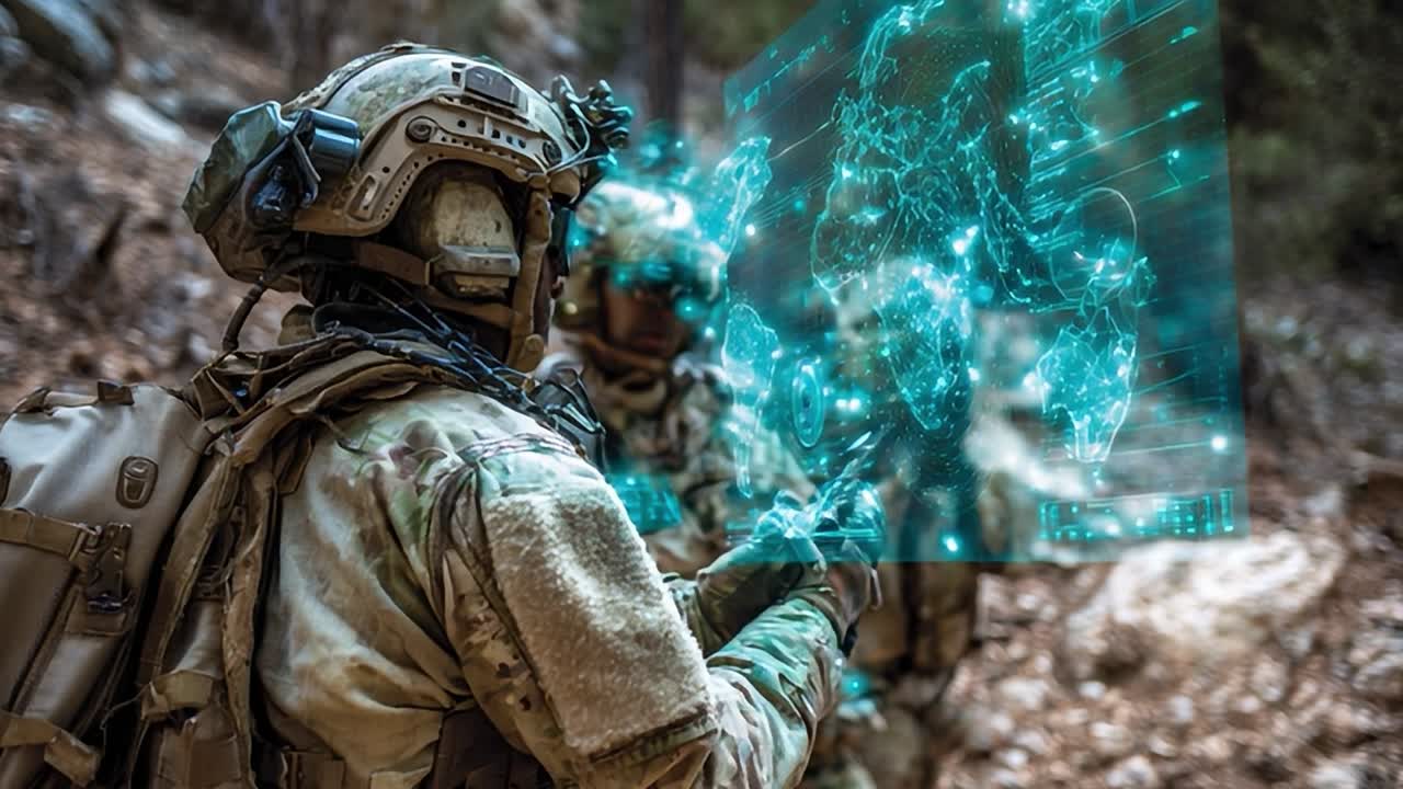 Military personnel interact with advanced technology in a forest setting