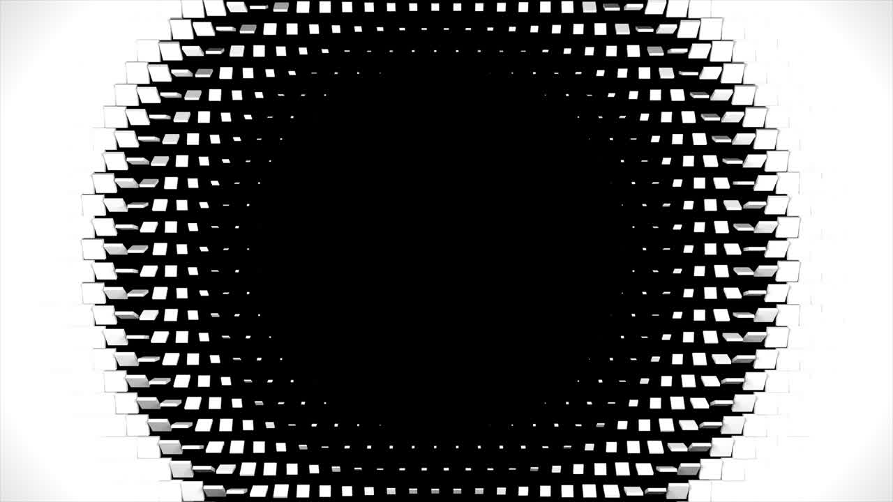 cubos blancos y negros borrar la pantalla transición. en el medio. de adentro hacia afuera. animación 3d de alta tecnología