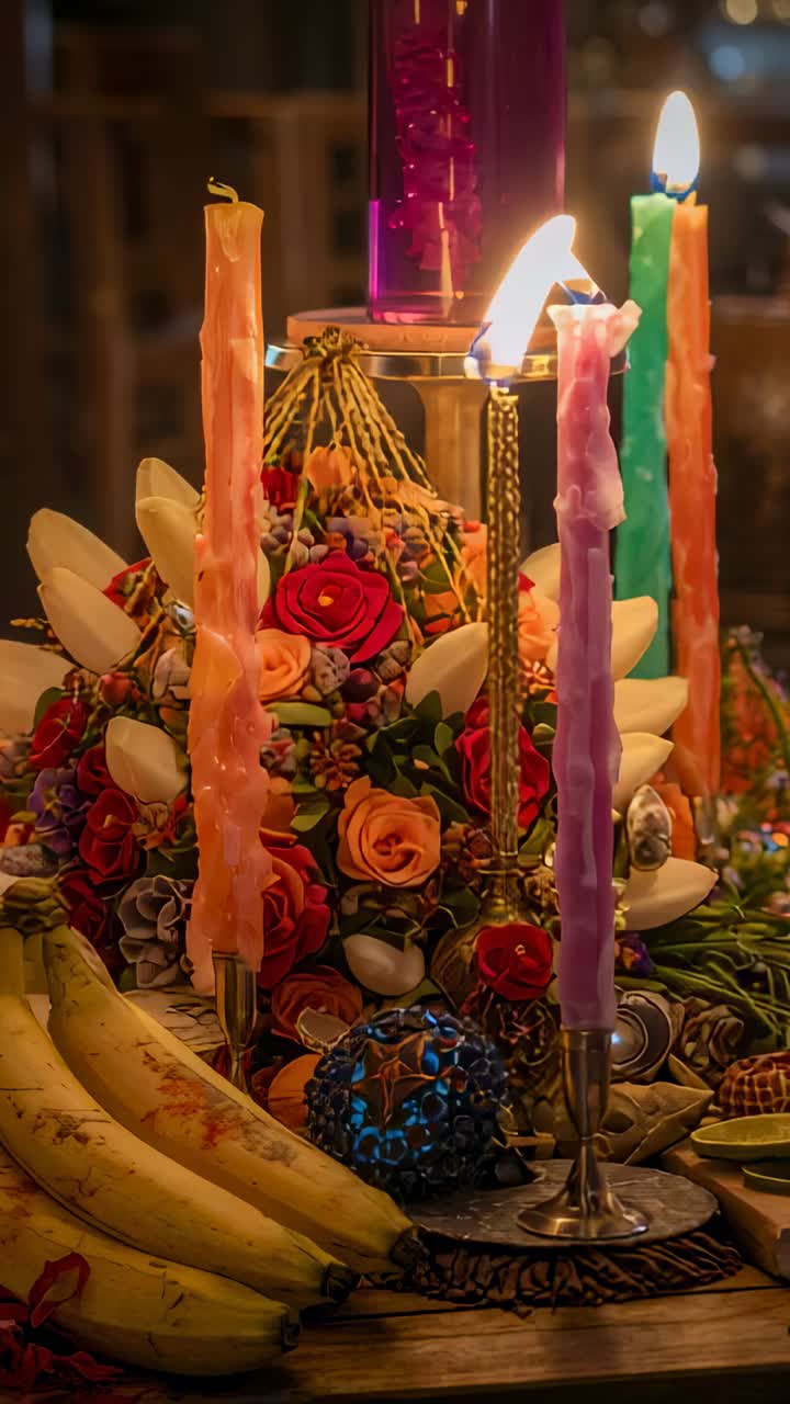 Vertical video: Burning candles on floral cluster melting wax and casting warm glow on tabletop