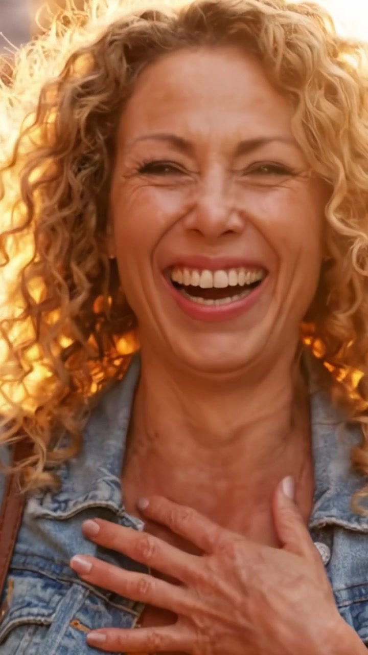 Un sorriso radioso illumina la scena, mostrando gioia e calore con ciocche dorate che incorniciano un'espressione raggiante in un ambiente luminoso