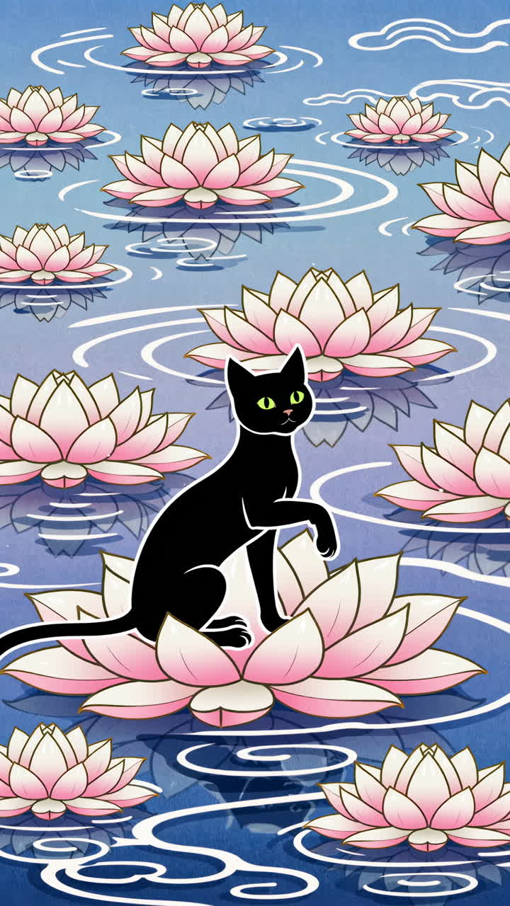 Black Cat Resting on a Lotus Flower in a Pond