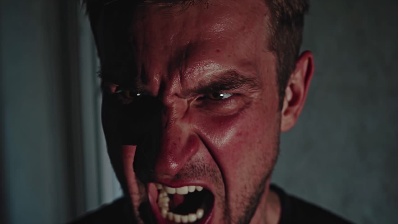 Close-up video shot of a man expressing intense emotion, captured from a low angle, highlighting raw