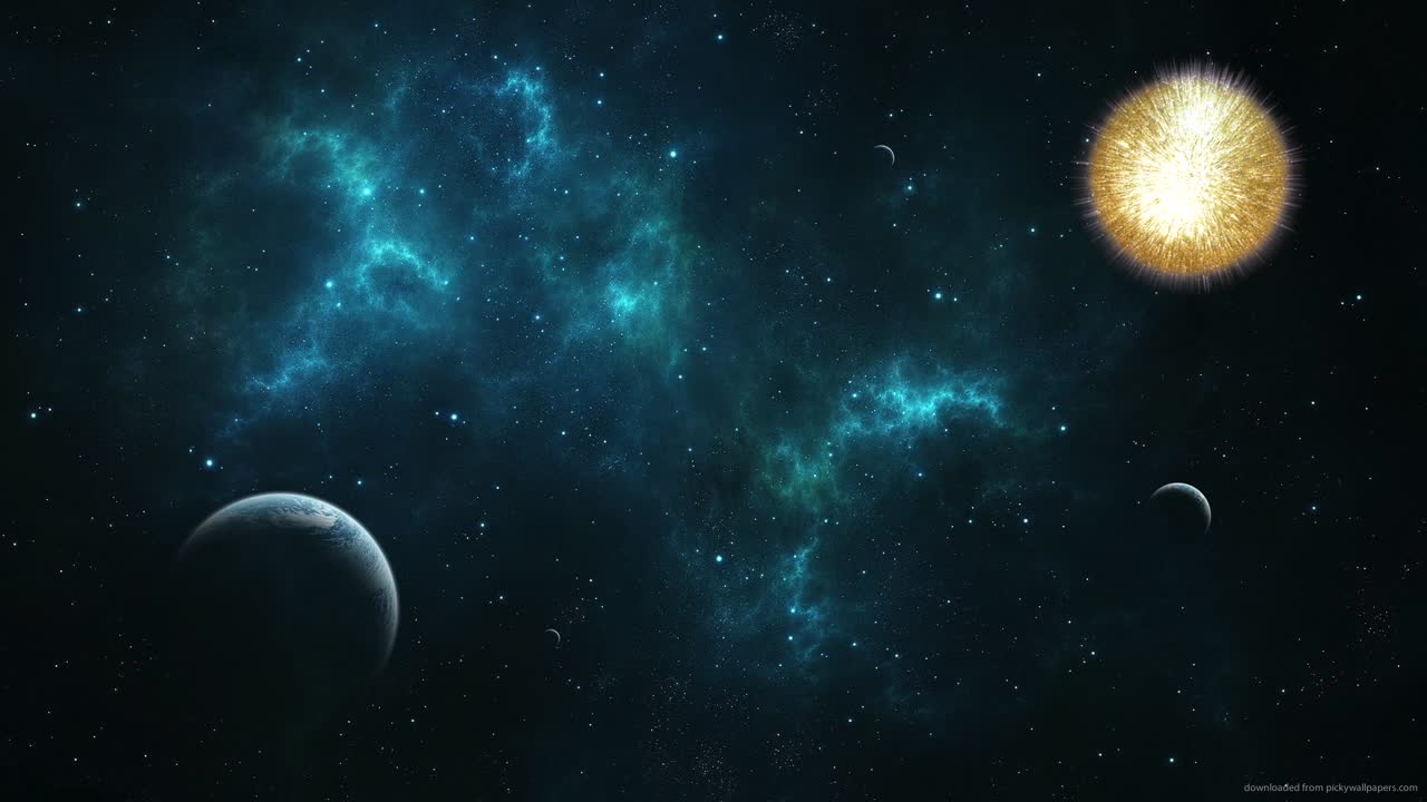 este es un video compuesto que muestra un sol girando lentamente en una galaxia con otros planetas y gases espaciales