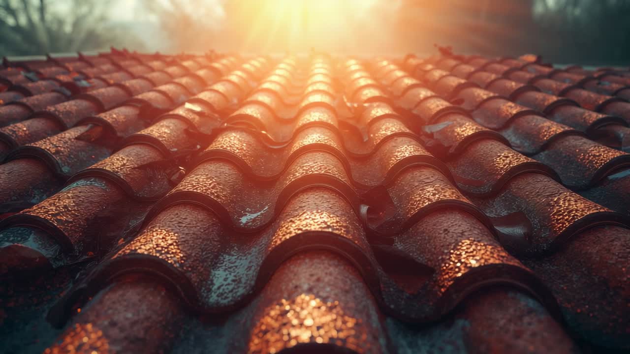 Sole nascente che proietta un bagliore rivelando scintillanti goccioline di rugiada su un tetto di tegole di ceramica rossa nella foschia dell'alba