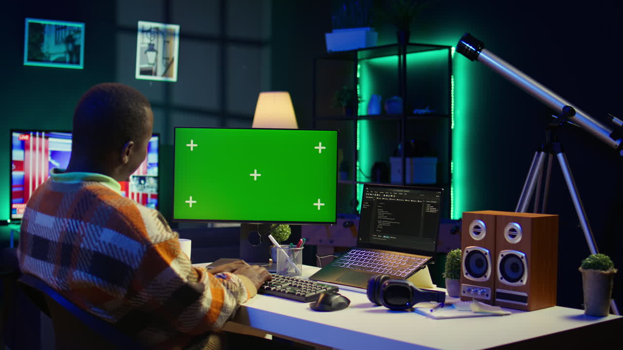 Man working on computer with green screen at desk
