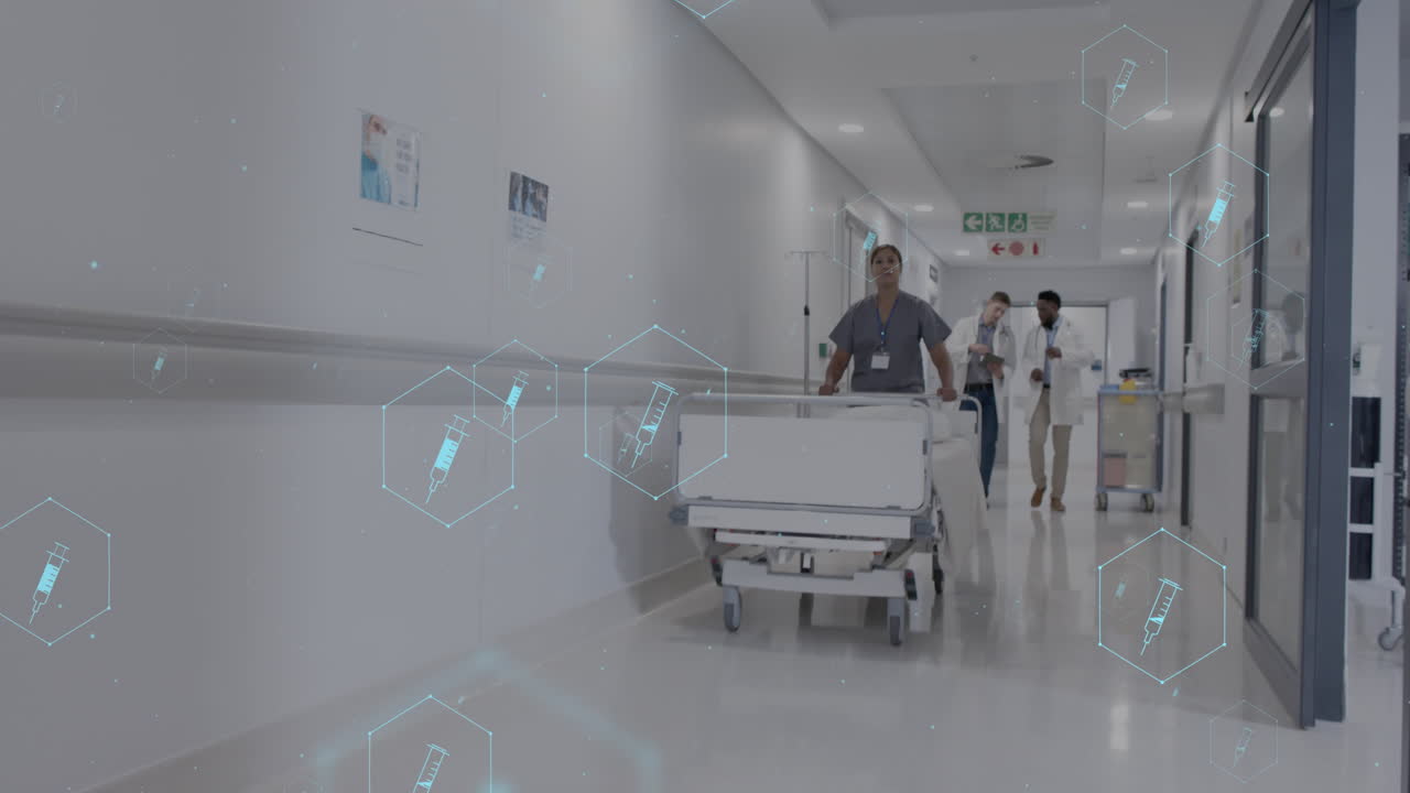 animación de la red de iconos médicos y procesamiento de datos sobre diversos médicos en el hospital