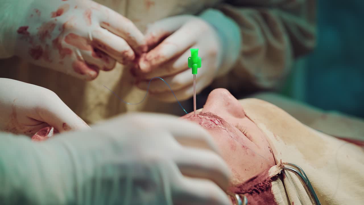 In surgery. Surgeons perform surgery on a face of patient in gloves in the operating room in the hospital. Close-up