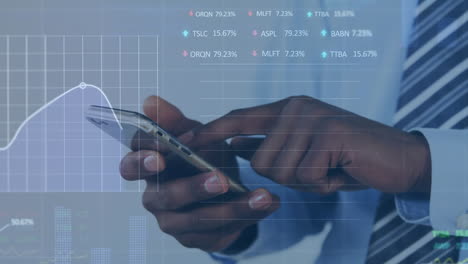 animation of financial data processing over person using smartphone