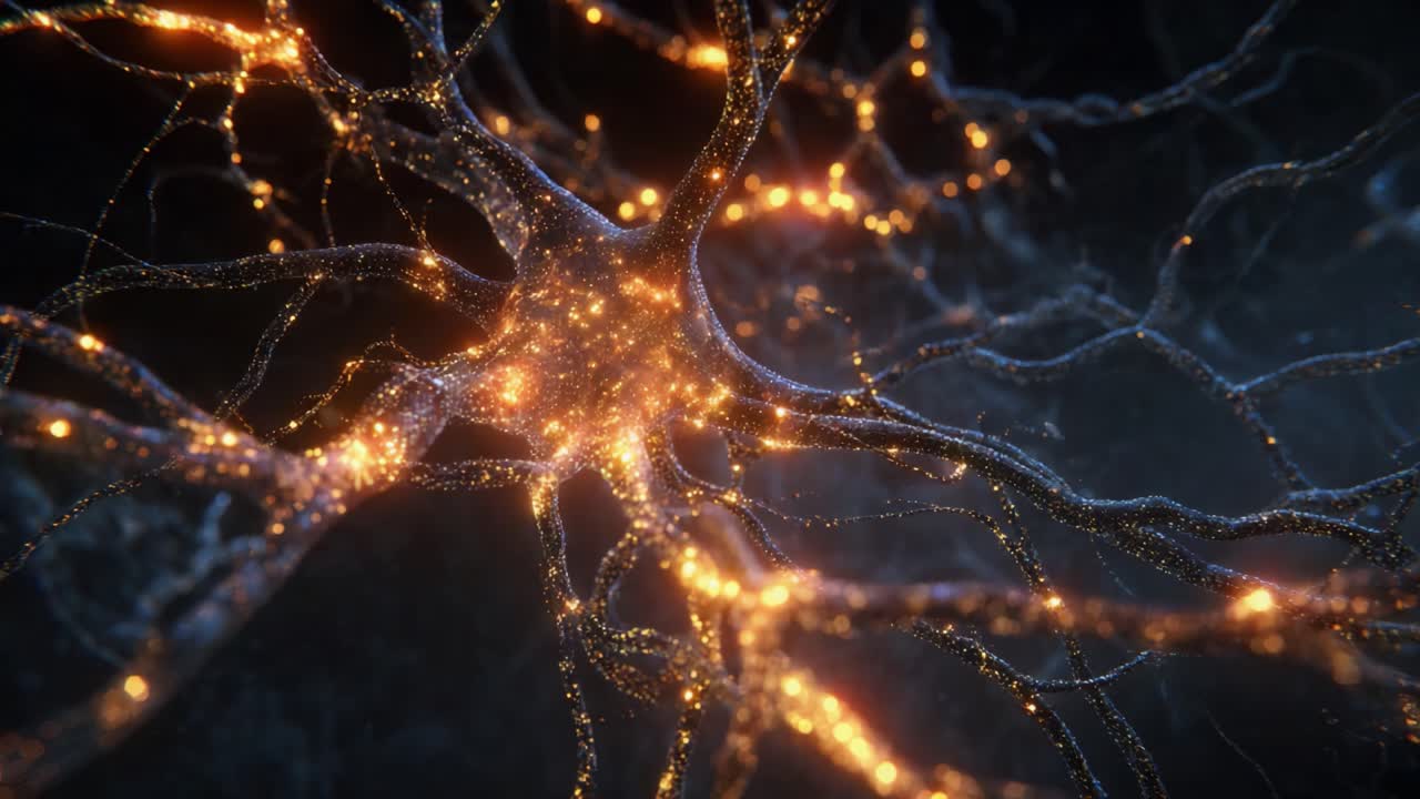 A Stunning Close-Up of Neurons: Exploring the Intricate Connections and Electromagnetic Activity of Neural Networks Illuminated in Vibrant Orange and Blue Lights