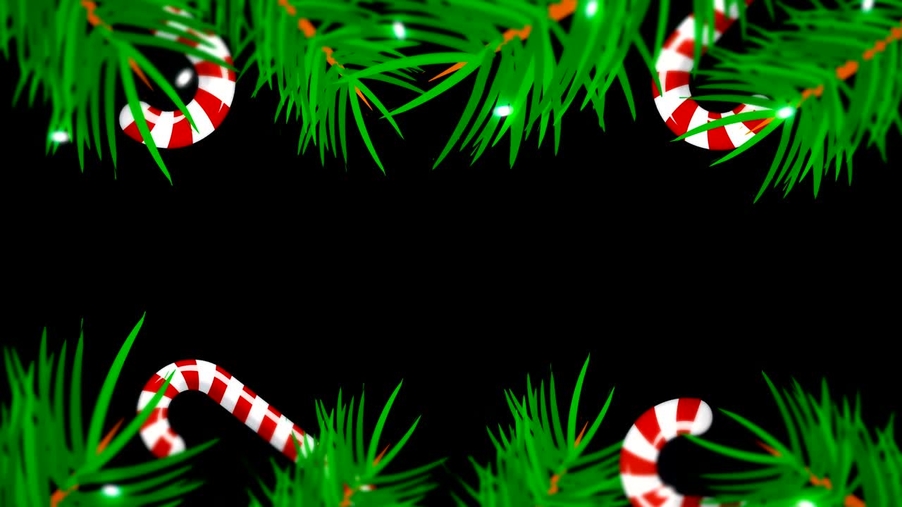 marco de navidad sobre fondo negro. telón de fondo abstracto con árboles de brunch, dulces y luces