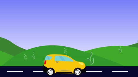 nature landscape animation of hills ,running car on the road, flat design, seamless loop