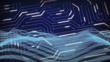 Glowing lines in abstract circuit pattern flowing over blue waves animation