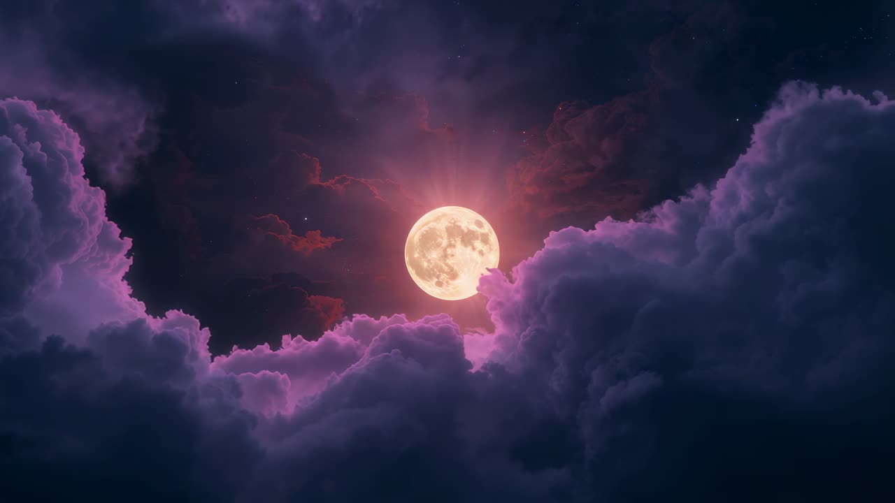 Drifting violet-edged clouds gradually obscuring full moon in starry night sky, dimming lunar glow