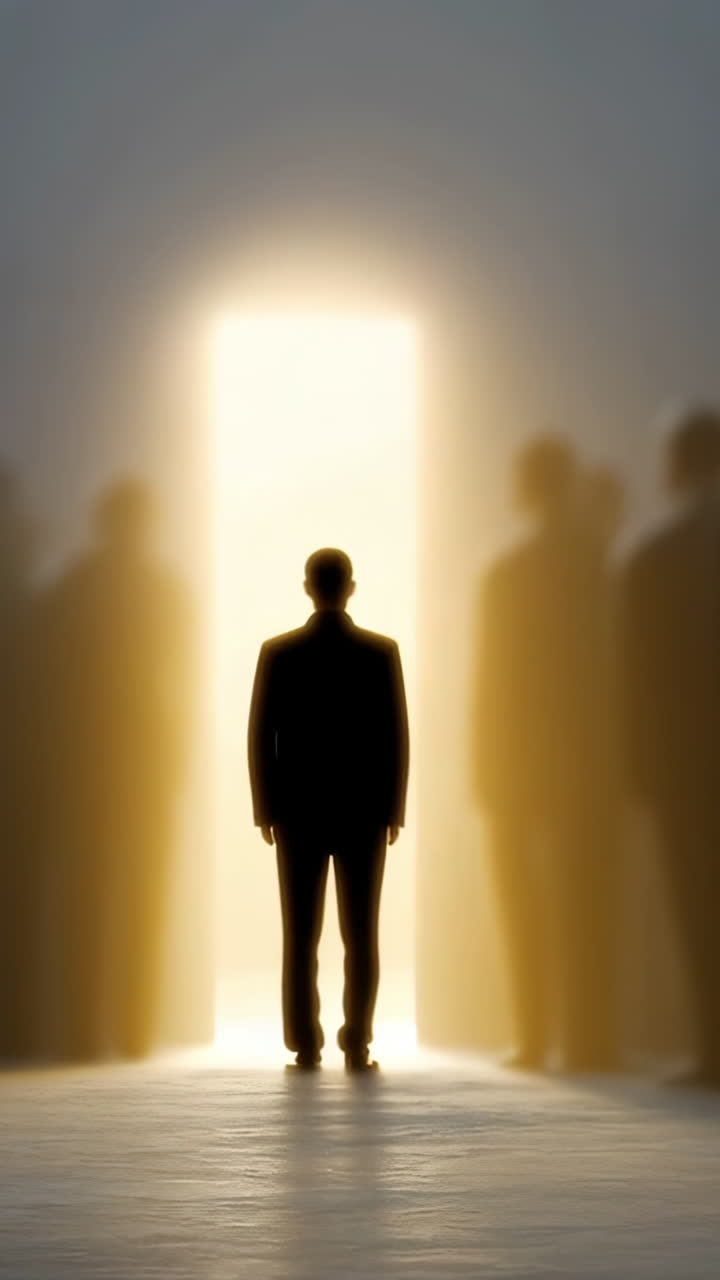 People in shadow with a figure in light. A lone figure is lit, surrounded by shadows, striking a contrast of hope and uncertainty.