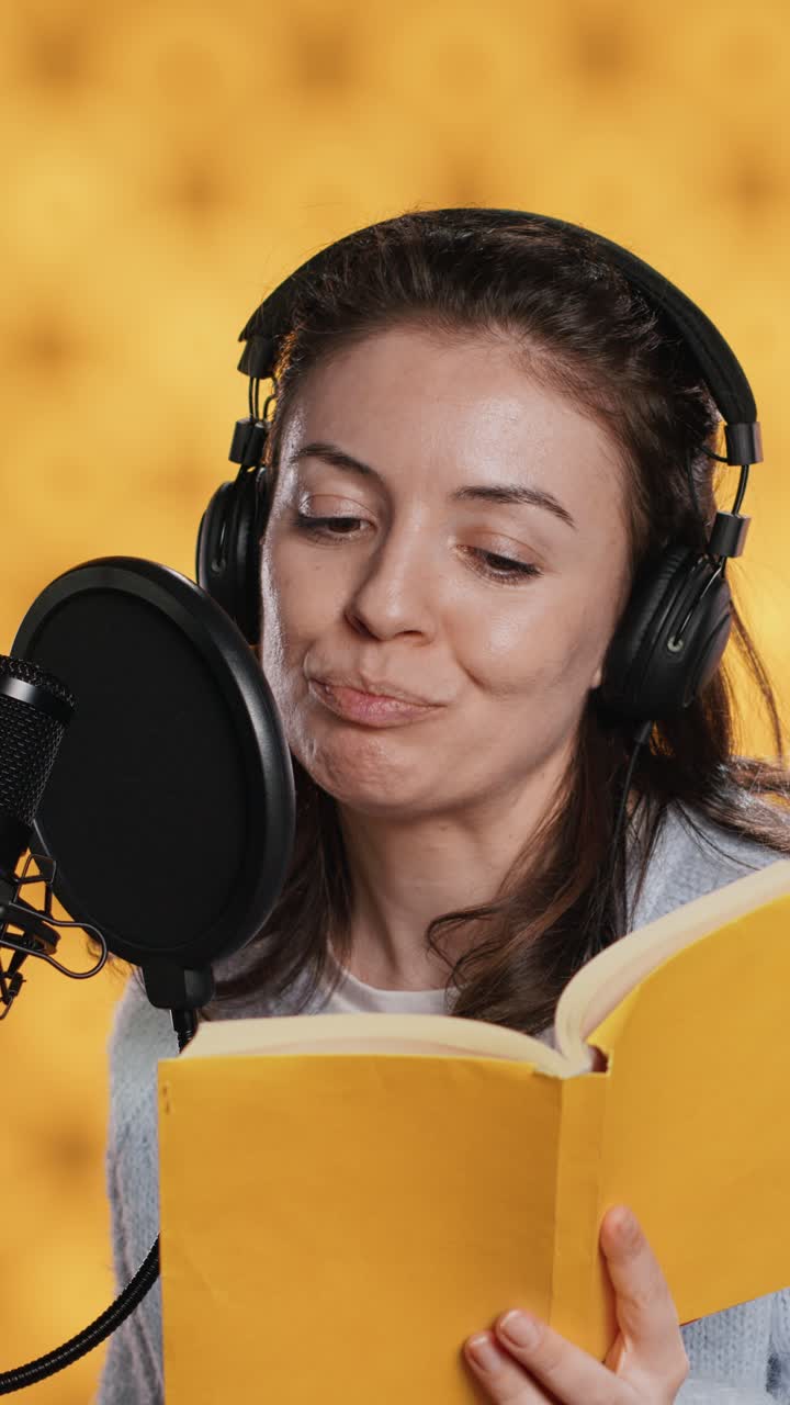 Donna che registra un audiolibro o un podcast con microfono e cuffie