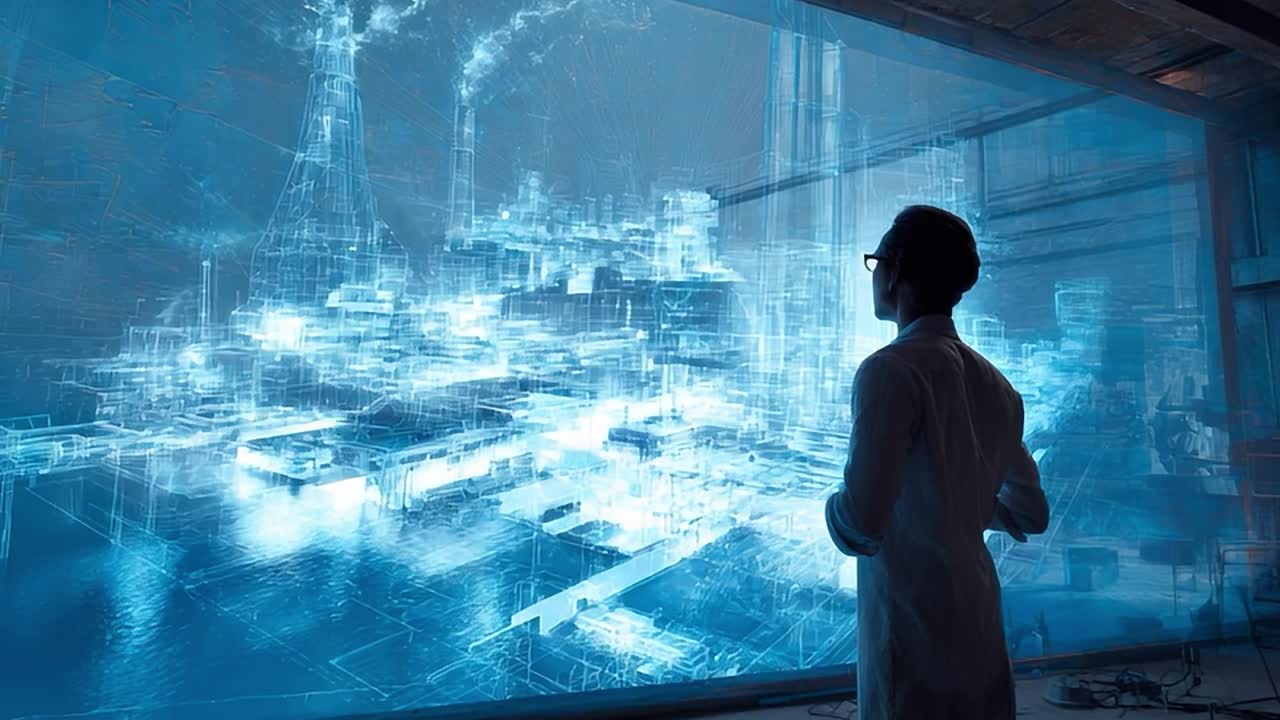 Innovative engineer exploring digital cityscape model at advanced facility