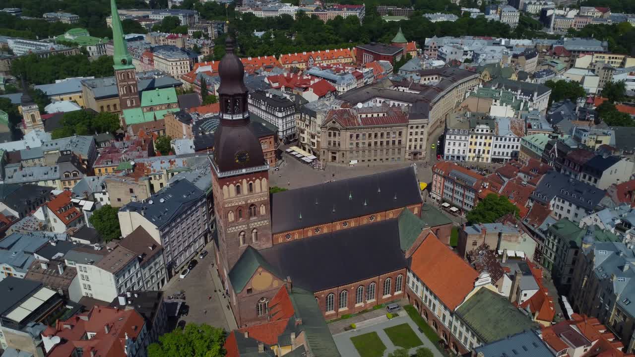 Drone circling Doms Square and Doms Cathedral in Riga Old Town - Latvia