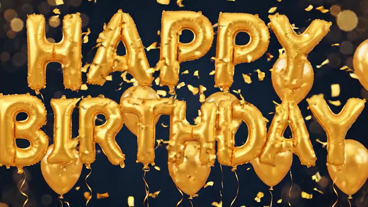 Una celebrazione festiva che mostra palloncini dorati 'Buon Compleanno' su uno sfondo scintillante, perfetta per commemorare momenti speciali e incontri gioiosi