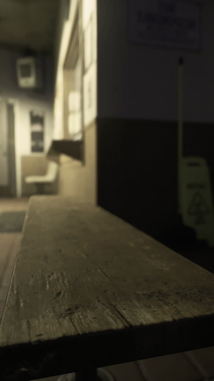 Interior view of a dimly lit hallway in a public building during nighttime