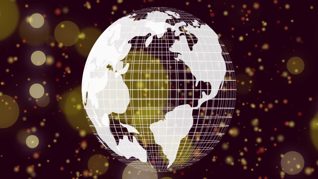 On loop start white wireframe globe rotating slowly, revealing lands amid gold bokeh for decoration