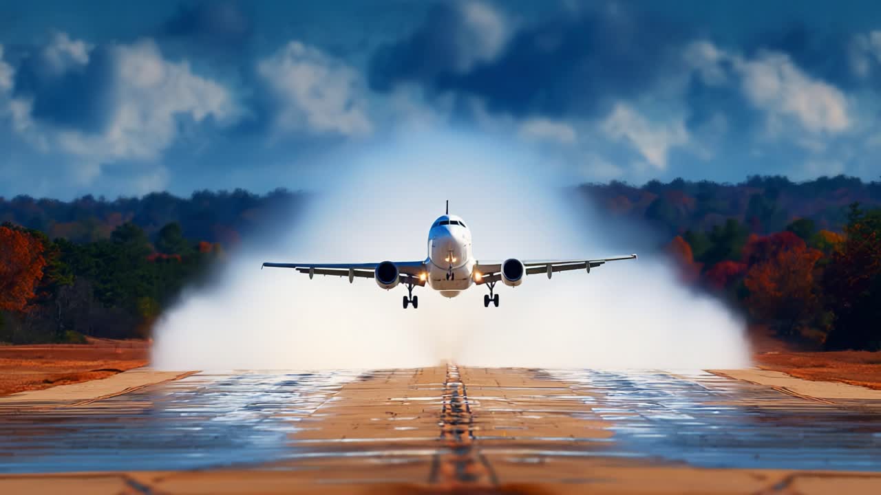 Ein Verkehrsflugzeug steigt von einer Startbahn auf und hinterlässt eine Nebelspur, während es vor einer Kulisse dramatischer Wolken und leuchtendem Herbstlaub abhebt