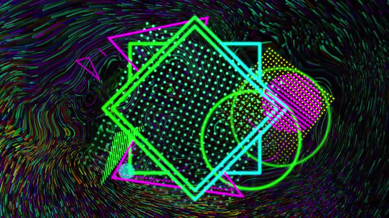 Design di forme geometriche colorate su uno sfondo a vortice liquido multicolore.