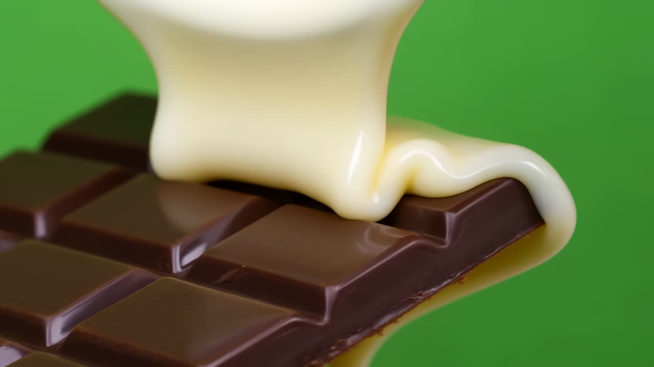チョコレートバーに白いクリームをかけている、鮮やかな緑の背景の上で光沢のある溶けた四角い部分のクローズアップ、ペストリー