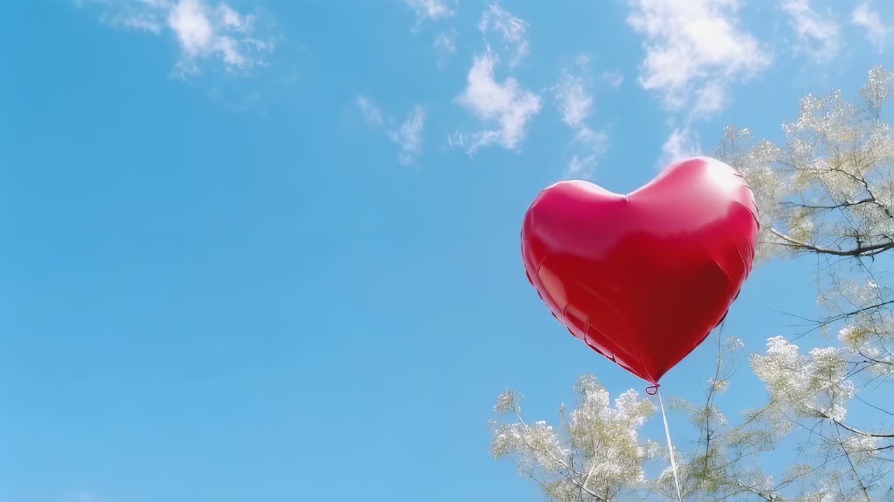 Red heart shaped balloon floating in the blue sky. Representing love. Romance. Valentine's Day. And celebrations. With white tree branches in the foreground and fluffy clouds adding a touch of whimsy