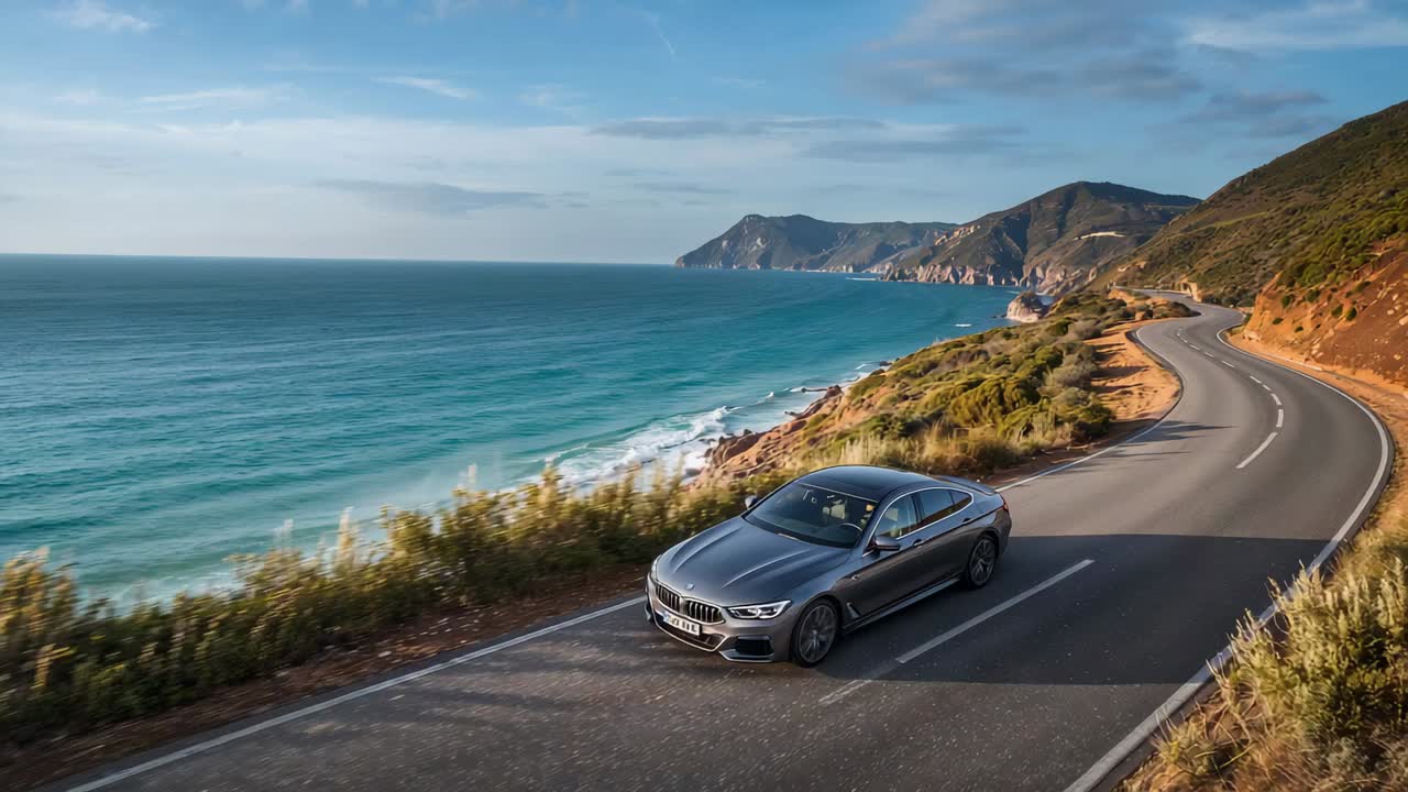 Driving gray luxury sedan with driver wearing light top along coastal highway, ocean, copy space