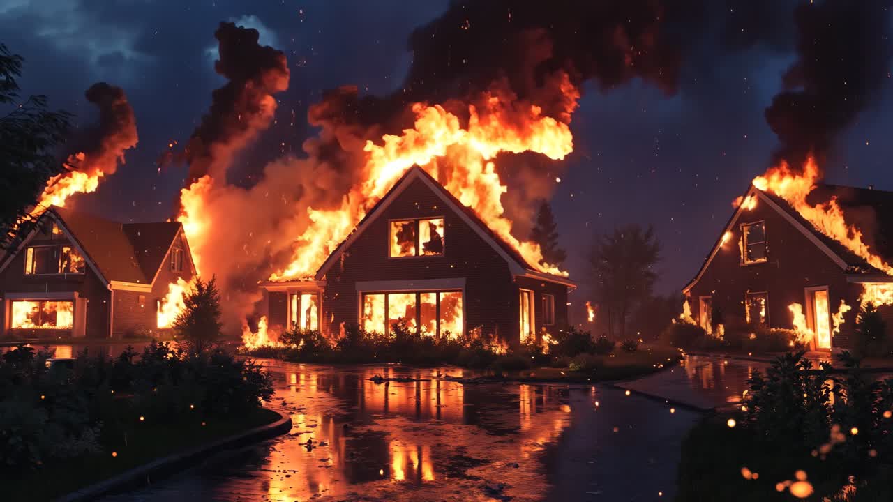 주거 지역 한가운데에 불타는 집