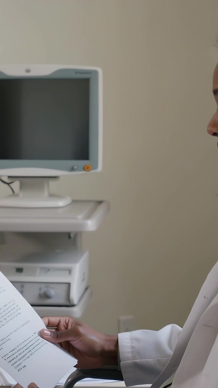 Vertical video: Holding papers, Dr in lab coat reading forms in clinic by monitor+cart, copy space