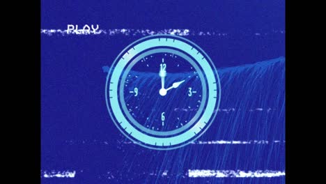 Animation-of-interference-and-moving-clock-over-light-trails-on-blue-background