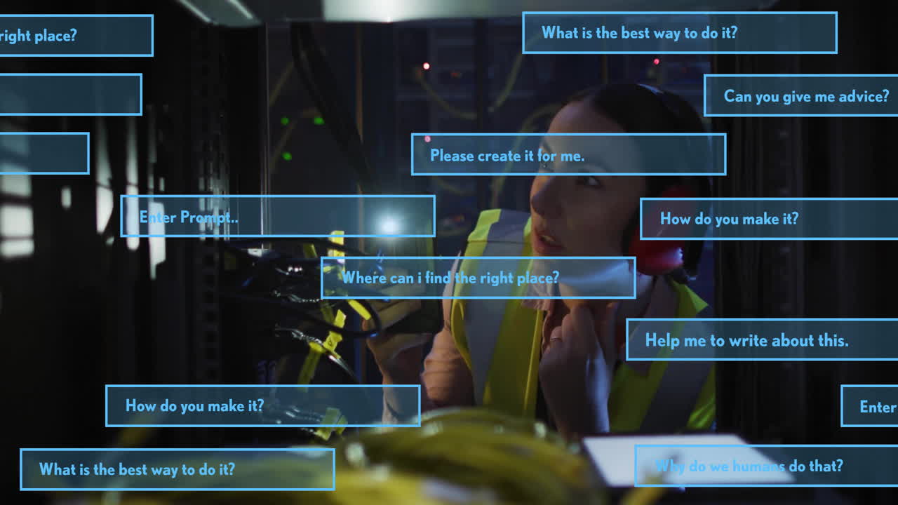 산업 환경에서 기계와 함께 일하는 여성에 대한 질문과 애니메이션 요청