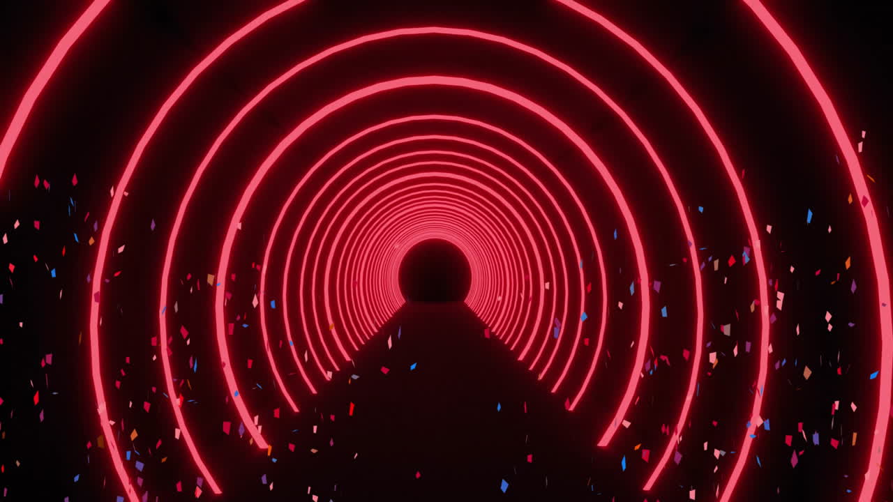 Red neon rings animation over dark tunnel with falling confetti