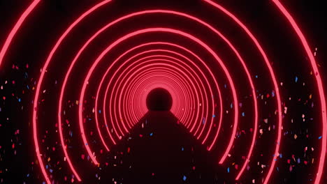 red neon rings animation over dark tunnel with falling confetti