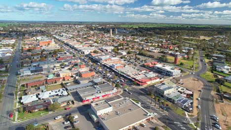 aerial approaching the main shopping area of belmore street in yarrawonga, victoria, australia