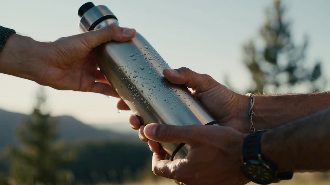 Handing steel bottle on trail, two hikers reaching and loosening cap to sip, drops falling