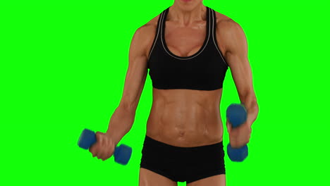 mujer súper en forma levantando pesas en sostén deportivo negro y pantalones cortos
